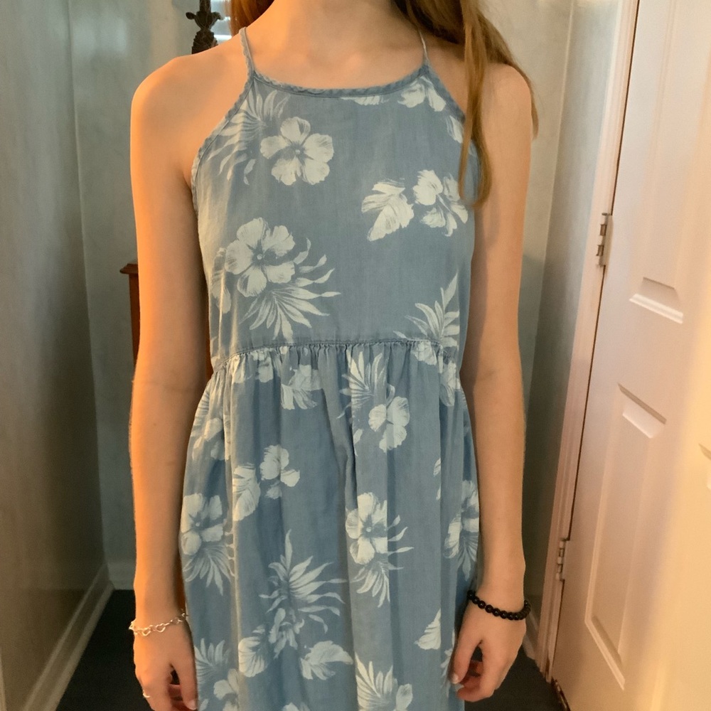 Blue floral halter dress.